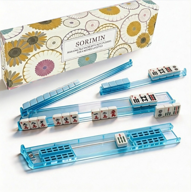 Foldable Integrated Mahjongg Rack and Pusher – Set of 4, Vintage Daisy Gift Box (MJ-RK-0012)