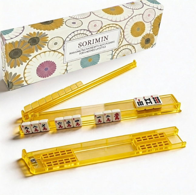 Foldable Integrated Mahjongg Rack and Pusher – Set of 4, Vintage Daisy Gift Box (MJ-RK-0012)