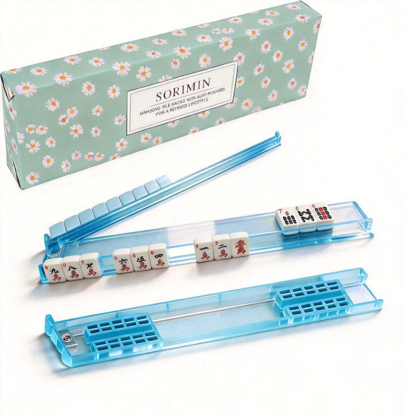 Foldable Integrated Mahjongg Rack and Pusher – Set of 4, Night Daisy Gift Box (MJ-RK-0014)