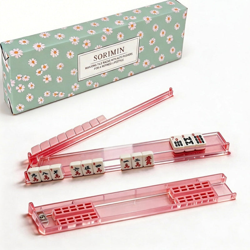 Foldable Integrated Mahjongg Rack and Pusher – Set of 4, Night Daisy Gift Box (MJ-RK-0014)