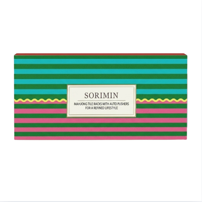 Foldable Integrated Mahjongg Rack and Pusher – Set of 4, Vintage Stripe Gift Box (MJ-RK-0015)