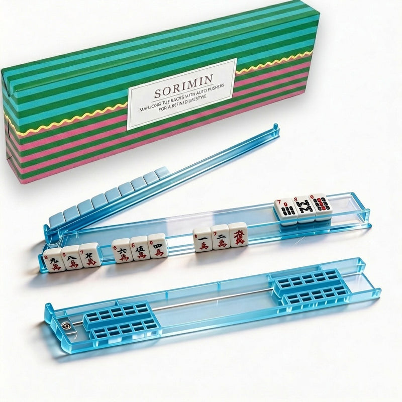 Foldable Integrated Mahjongg Rack and Pusher – Set of 4, Vintage Stripe Gift Box (MJ-RK-0015)