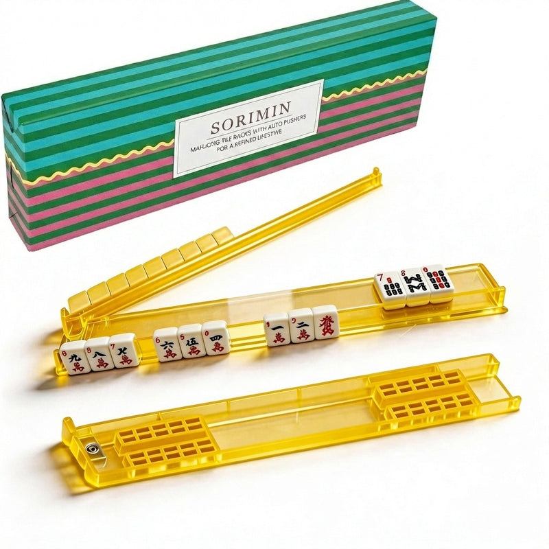 Foldable Integrated Mahjongg Rack and Pusher – Set of 4, Vintage Stripe Gift Box (MJ-RK-0015)
