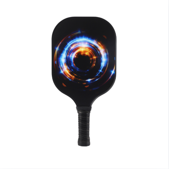 Black Background Blue & Gold Circular Design Fiberglass Pickleball Paddle – Stylish Casual Choice (PKR-0012)