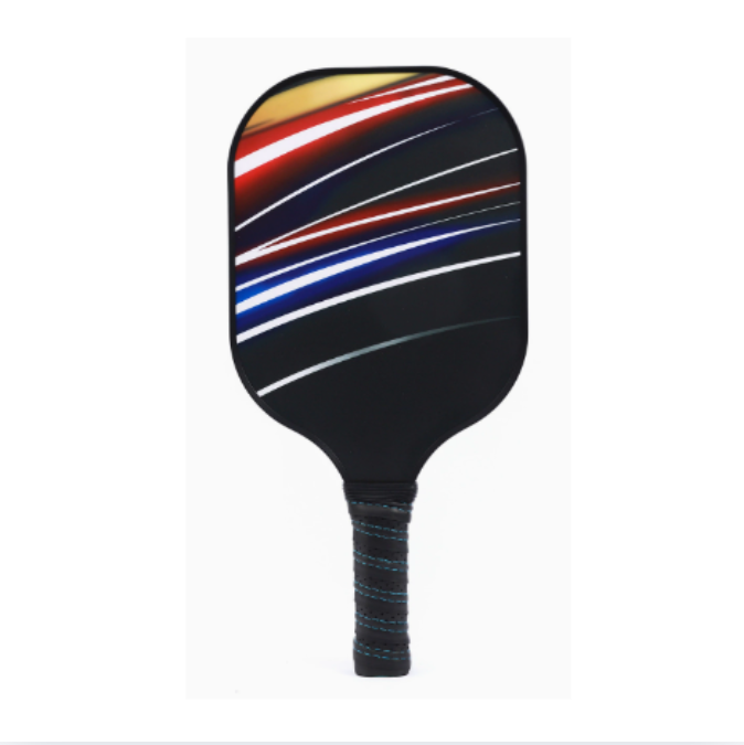 Black Background Multi‑Color Stripe Design Fiberglass Pickleball Paddle – Stylish Casual Choice (PKR-0013)