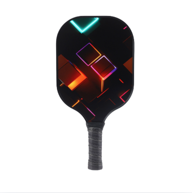 Black Background Geometric Design Fiberglass Pickleball Paddle – Neon Color Stylish Design (PKR-0015)