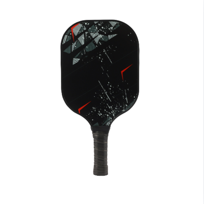Black Background Red & Gray Pattern Fiberglass Pickleball Paddle – Stylish Casual Design (PKR-0017)