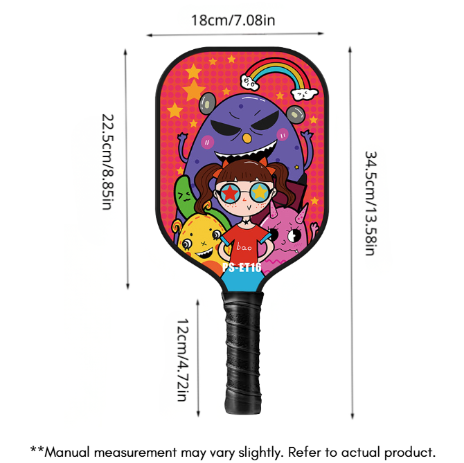 Red Grid Girl & Monster Pickleball Paddle – Carbon Fiber for Kids (PCR-0045)