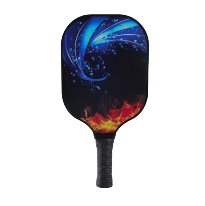 Black Background Flame & Light Blue Swirl Pattern Fiberglass Pickleball Paddle – Stylish Casual Choice (PKR-0019)