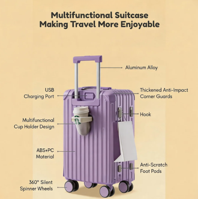 Candy Color Multifunctional Suitcase – Cup Holder & USB (Violet) (TR-HARD-0070)