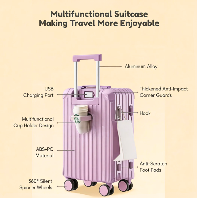 Candy Color Multifunctional Suitcase – Cup Holder & USB (Pink) (TR-HARD-0069)