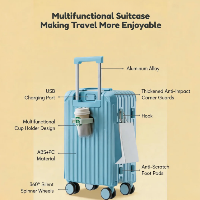 Candy Color Multifunctional Suitcase – Cup Holder & USB (Sky Blue) (TR-HARD-0071)