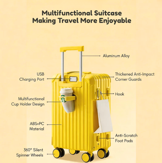 Candy Color Multifunctional Suitcase – Cup Holder & USB (Lemon Yellow) (TR-HARD-0072)