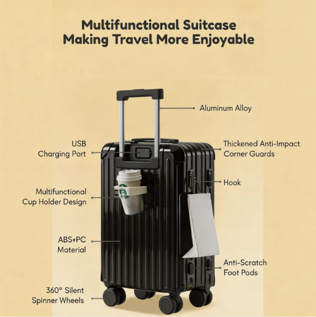 Candy Color Multifunctional Suitcase – Cup Holder & USB (Black) (TR-HARD-0073)