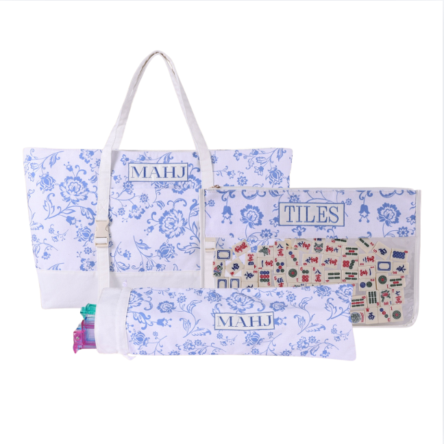 Canvas Three-Piece Mahjongg Storage Bag – Large Capacity, Travel & Cosmetic Bag (Blue White Porcelain) (MJ-CP-0008)