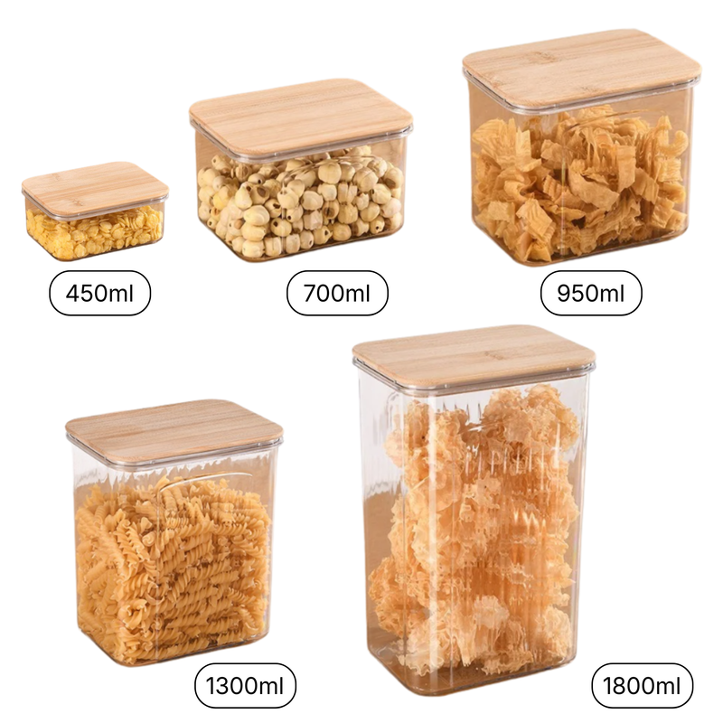 Square Sealed Plastic Storage Jars – Bamboo Lids, Clear Food Containers (HK-FS-0002)