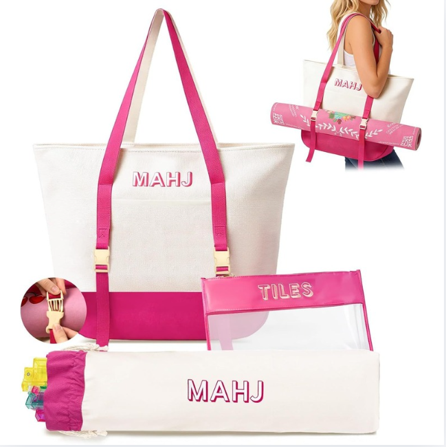 Canvas Three-Piece Mahjongg Storage Bag – Large Capacity, Travel & Cosmetic Bag (Rose Red) (MJ-CP-0003)