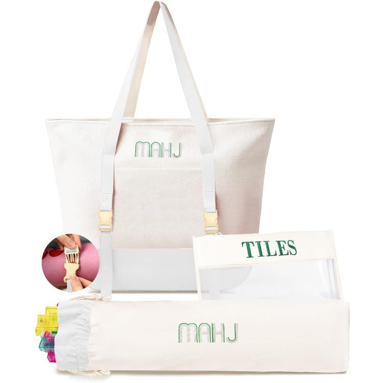 Canvas Three-Piece Mahjongg Storage Bag – Large Capacity, Travel & Cosmetic Bag (Beige) (MJ-CP-0006)
