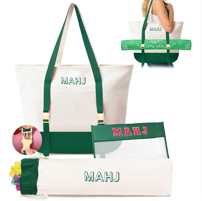 Canvas Three-Piece Mahjongg Storage Bag – Large Capacity, Travel & Cosmetic Bag (Green) (MJ-CP-0004)
