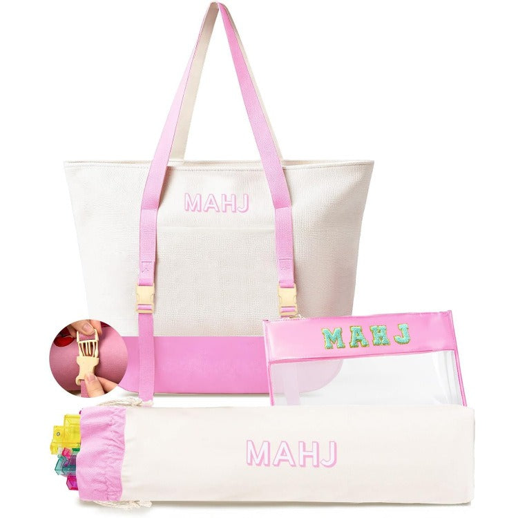 Canvas Three-Piece Mahjongg Storage Bag – Large Capacity, Travel & Cosmetic Bag (Pink) (MJ-CP-0002)