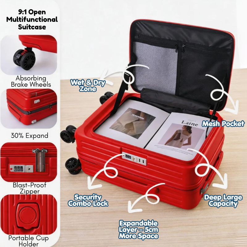 Side‑Open Expandable Suitcase – Zipper Expandable, 1/9 Split (China Red) (TR-HARD-0099)