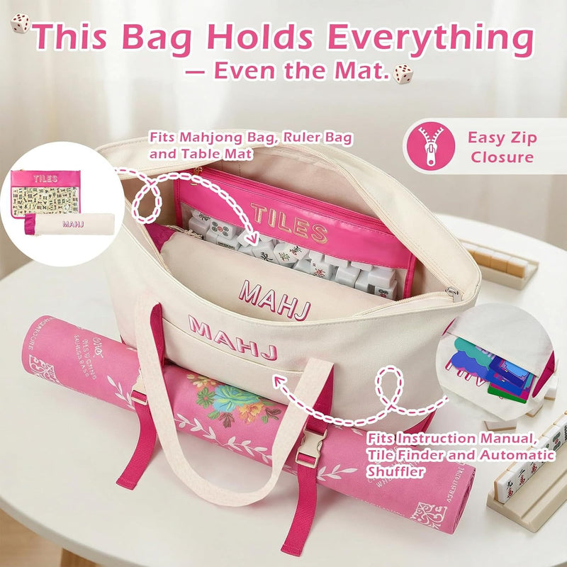 Canvas Three-Piece Mahjongg Storage Bag – Large Capacity, Travel & Cosmetic Bag (Rose Red) (MJ-CP-0003)