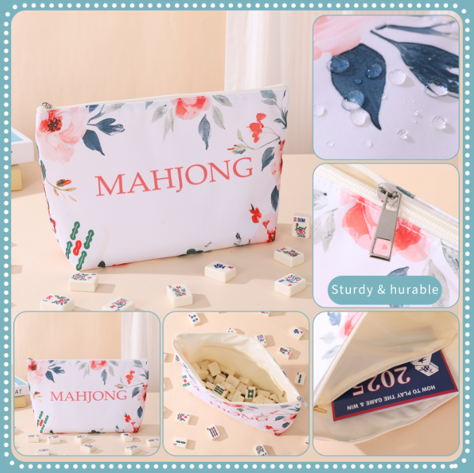 Retro Flower Stamen Waterproof Portable Mahjongg Storage Bag – White (MJ-CP-0011)
