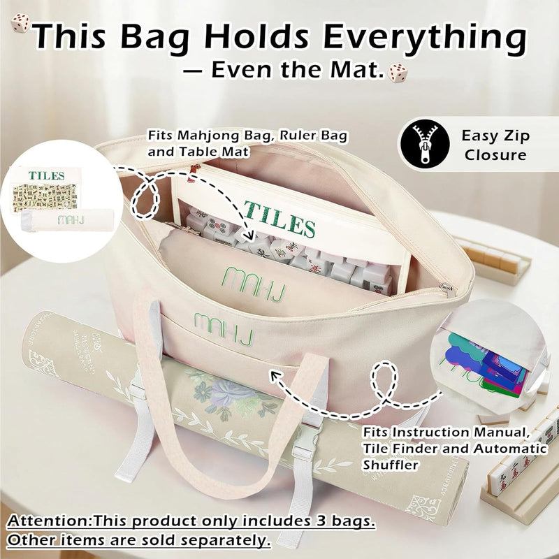 Canvas Three-Piece Mahjongg Storage Bag – Large Capacity, Travel & Cosmetic Bag (Beige) (MJ-CP-0006)