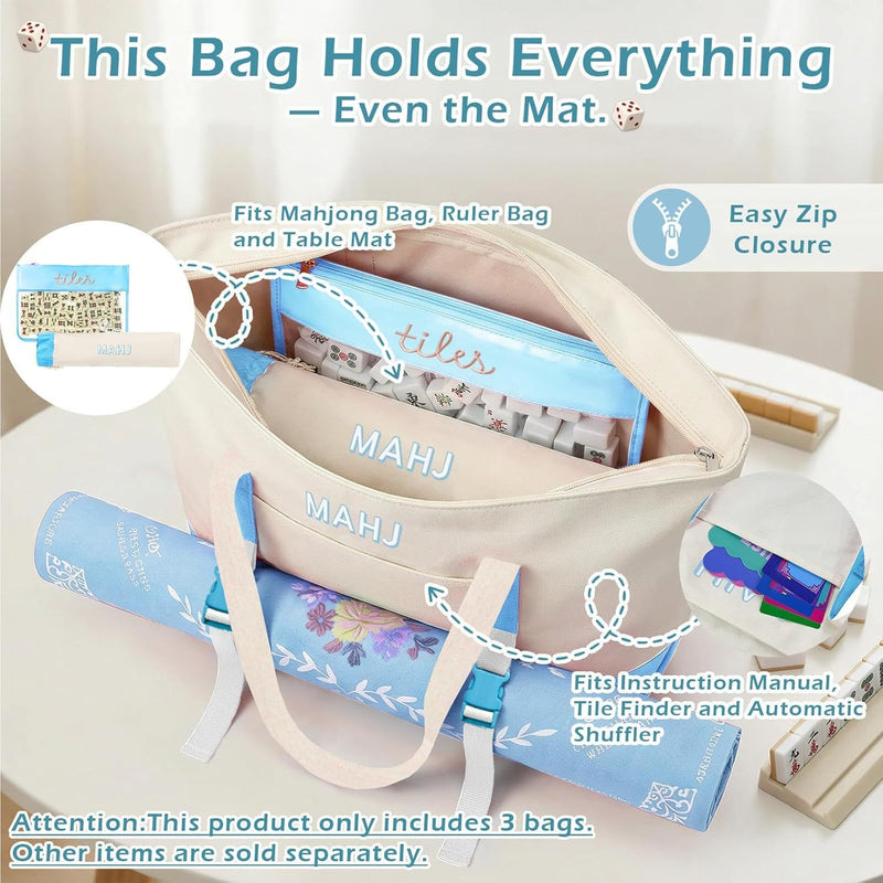 Canvas Three-Piece Mahjongg Storage Bag – Large Capacity, Travel & Cosmetic Bag (Blue) (MJ-CP-0005)