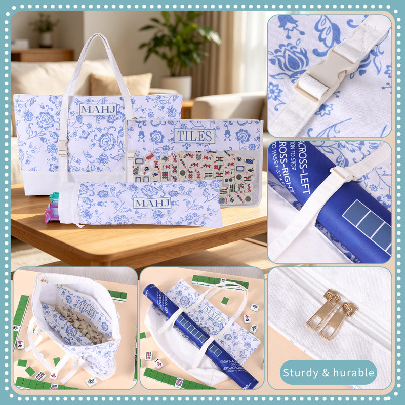 Canvas Three-Piece Mahjongg Storage Bag – Large Capacity, Travel & Cosmetic Bag (Blue White Porcelain) (MJ-CP-0008)