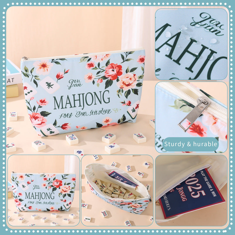 Retro Flower Stamen Waterproof Portable Mahjongg Storage Bag – Cyan (MJ-CP-0012)