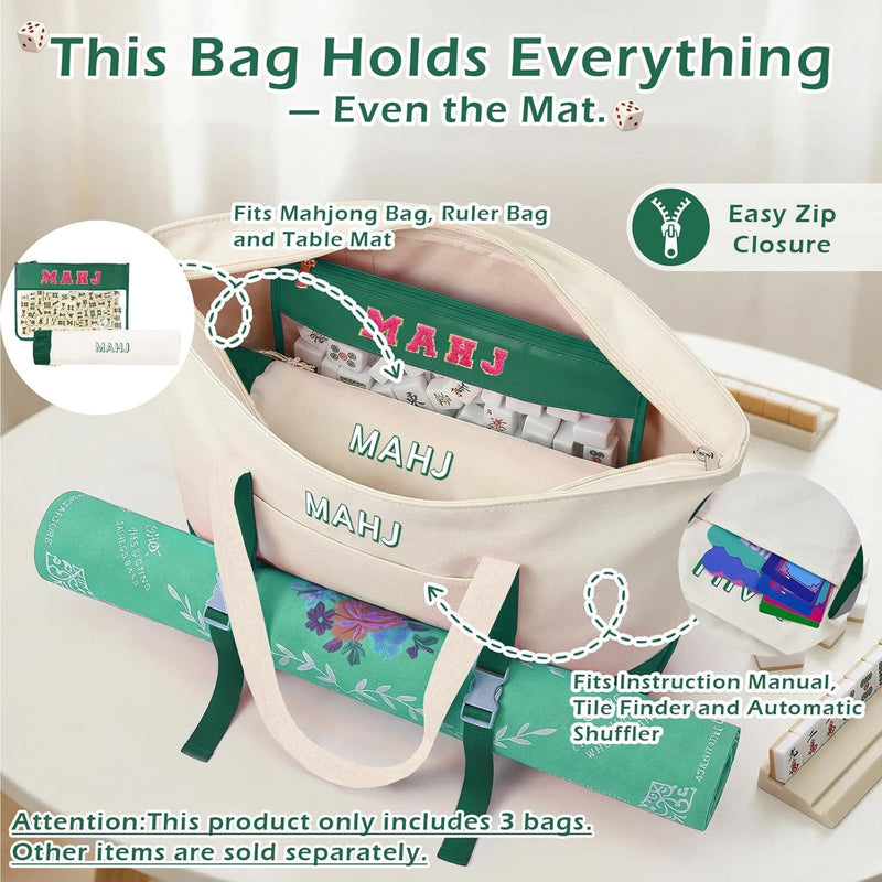 Canvas Three-Piece Mahjongg Storage Bag – Large Capacity, Travel & Cosmetic Bag (Green) (MJ-CP-0004)