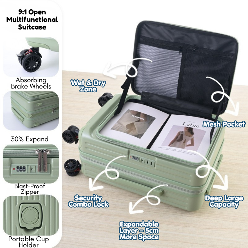 Side‑Open Expandable Suitcase – Zipper Expandable, 1/9 Split (Matcha Green) (TR-HARD-0096)