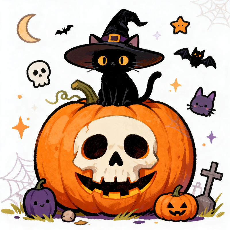 Witch's Pumpkin Mahjongg Mat – Halloween Cat & Skull Pumpkin Decor (MJ-MT-HW-0002)