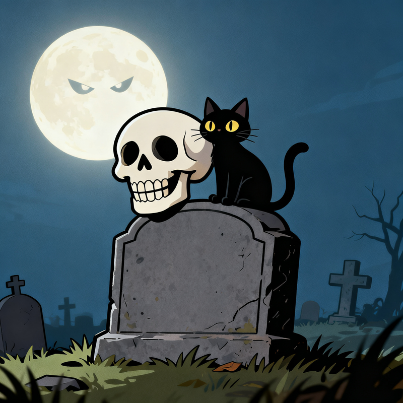 Moonlit Skull Cat Mahjongg Mat – Halloween Graveyard Scene (MJ-MT-HW-0003)