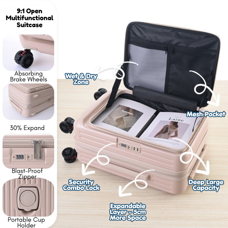 Side‑Open Expandable Suitcase – Zipper Expandable, 1/9 Split (Milk Tea) (TR-HARD-0092)