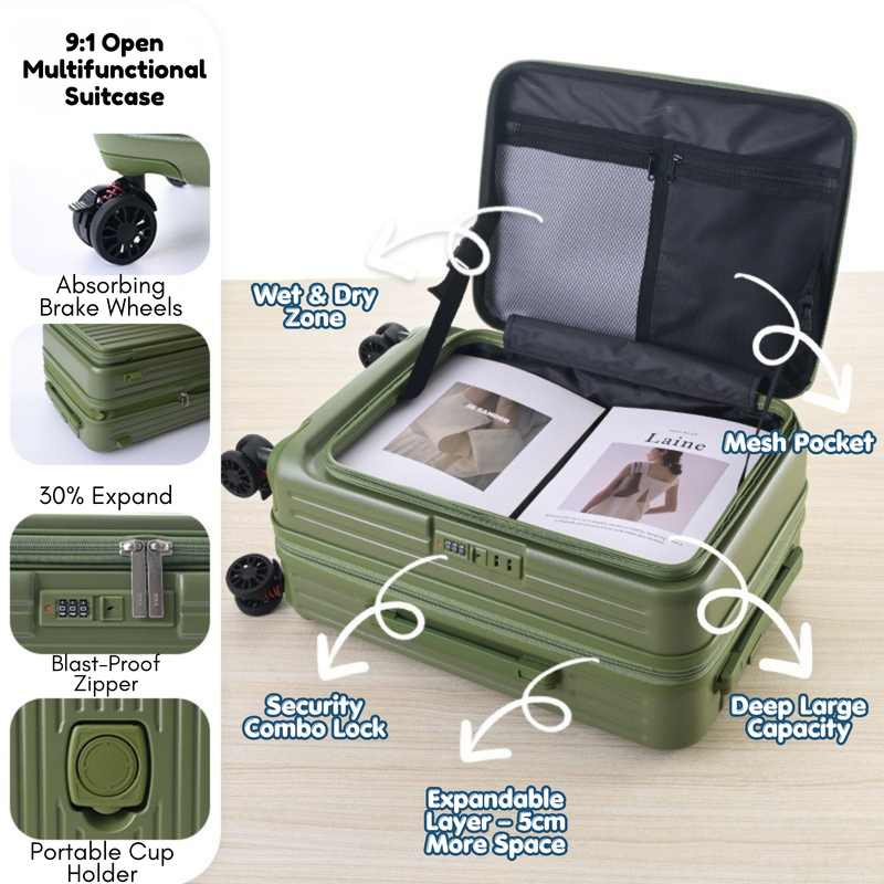 Side‑Open Expandable Suitcase – Zipper Expandable, 1/9 Split (Army Green) (TR-HARD-0095)
