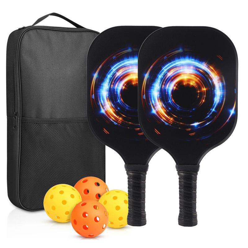 Black Background Blue & Gold Circular Design Fiberglass Pickleball Paddle – Stylish Casual Choice (PKR-0012)