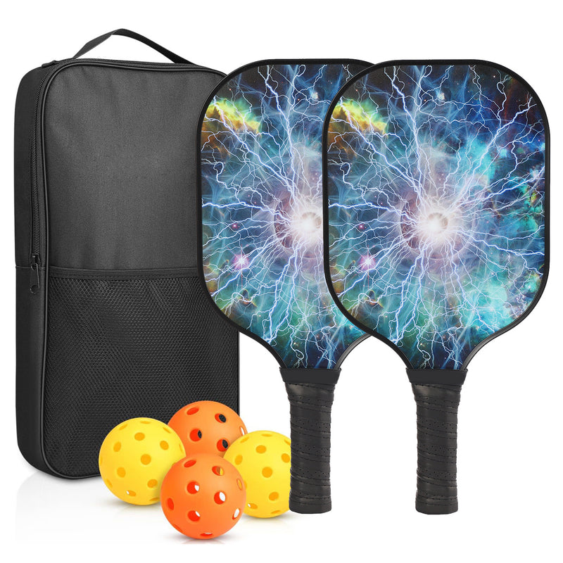Light Blue Black Glowing Circular Design Fiberglass Pickleball Paddle – Stylish Durable Choice (PKR-0014)
