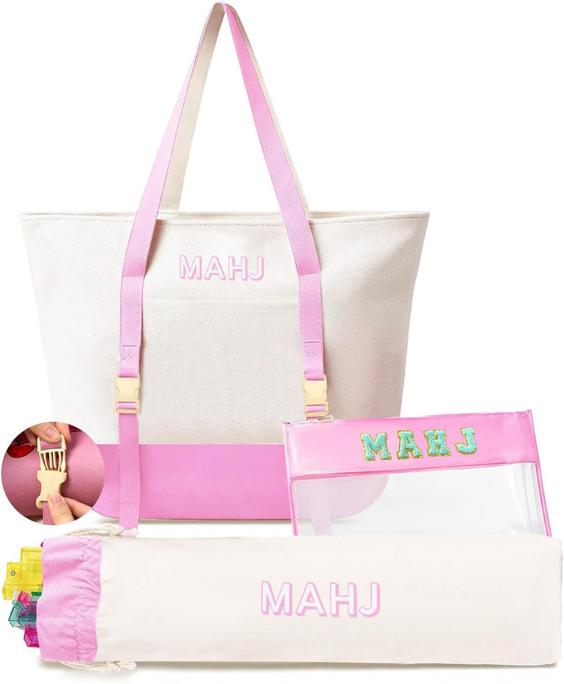 Canvas 3-Piece Letter Print Mahjong Storage Bag Set – Pink Large Capacity Travel Tote (MJ-CP-0002)