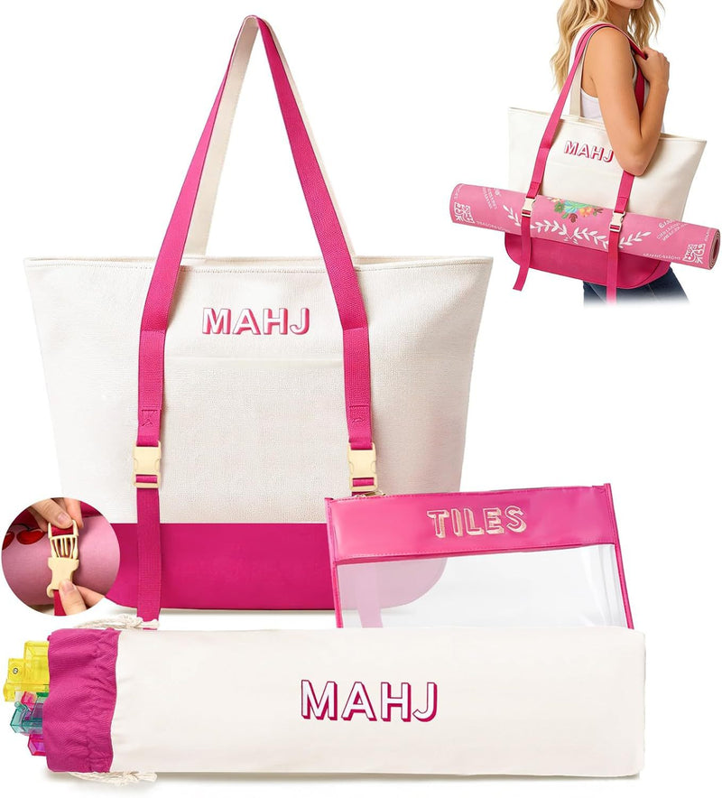 Canvas 3-Piece Letter Print Mahjong Storage Bag Set – Pink Large Capacity Travel Tote (MJ-CP-0002)