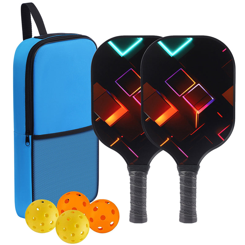 Black Background Geometric Design Fiberglass Pickleball Paddle – Neon Color Stylish Design (PKR-0015)