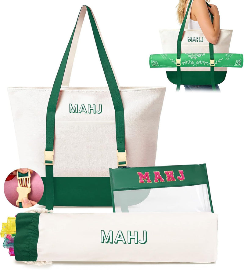 Canvas 3-Piece Letter Print Mahjong Storage Bag Set – Pink Large Capacity Travel Tote (MJ-CP-0002)