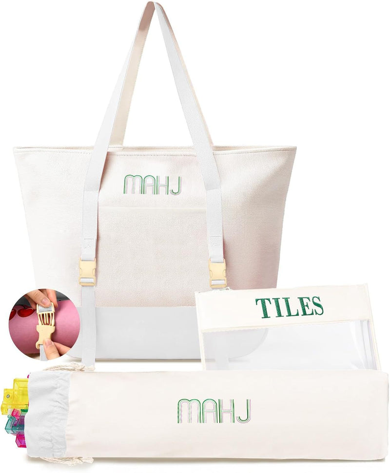 Canvas 3-Piece Letter Print Mahjong Storage Bag Set – Pink Large Capacity Travel Tote (MJ-CP-0002)