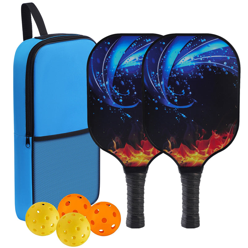 Black Background Flame & Light Blue Swirl Pattern Fiberglass Pickleball Paddle – Stylish Casual Choice (PKR-0019)